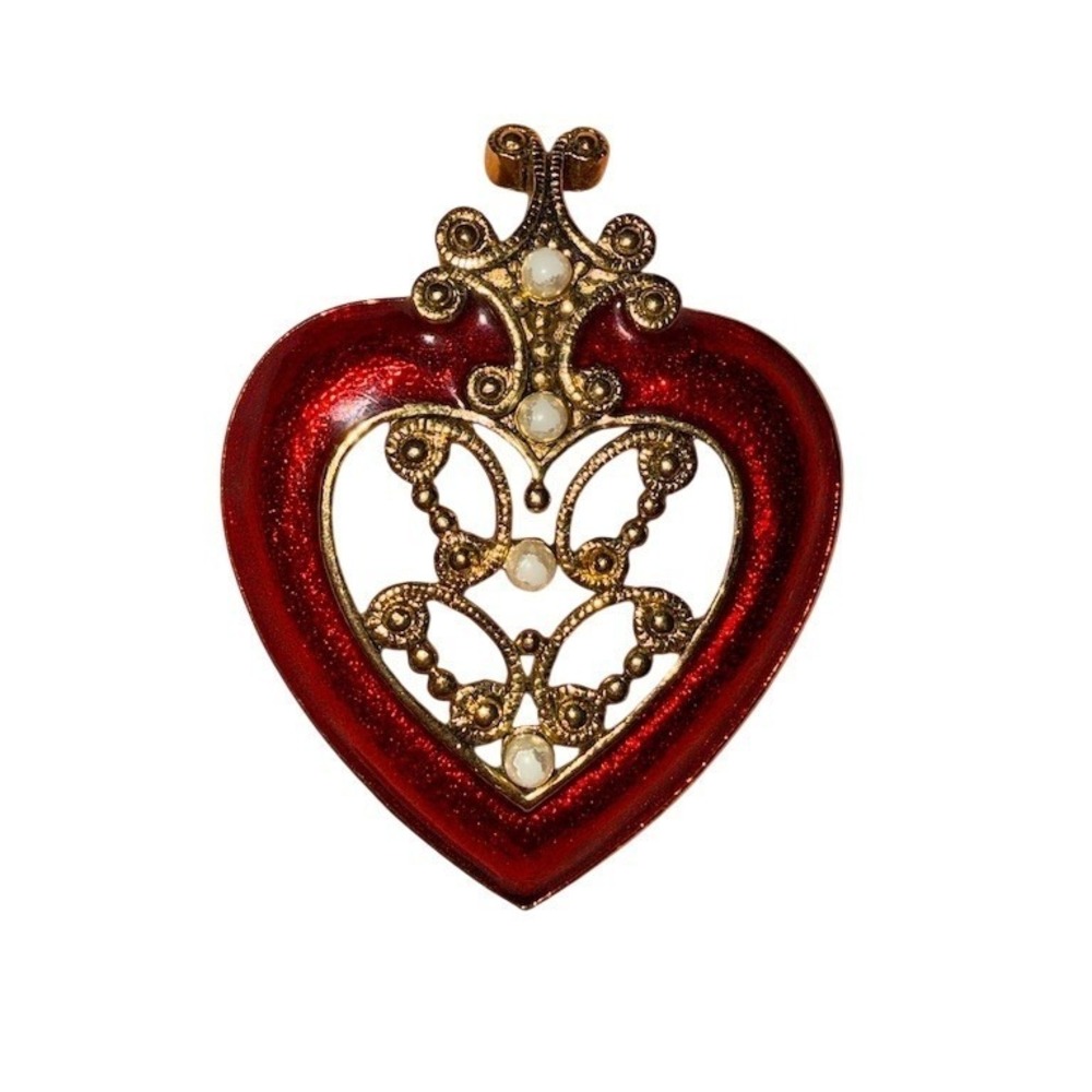 Vintage Avon Heart Pendant Red Enamel Filigree Faux Pearl Accent gold tone charm